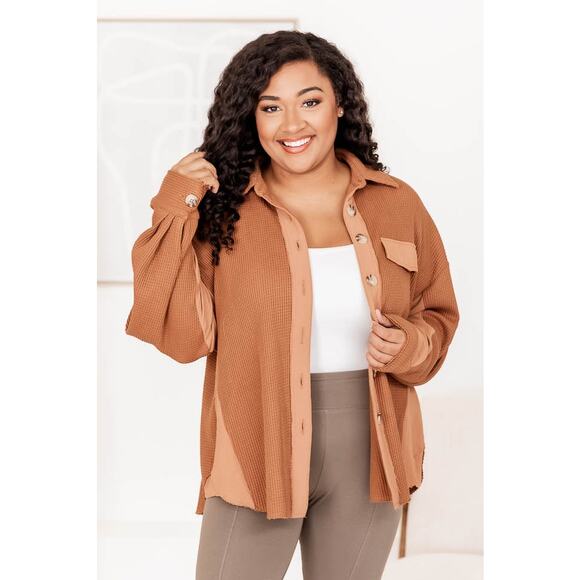 Pink Lily Jackets & Blazers - Pink Lily Shacket Waffle Knit Top Change The Game Brown Distressed 3XL Boho Cozy